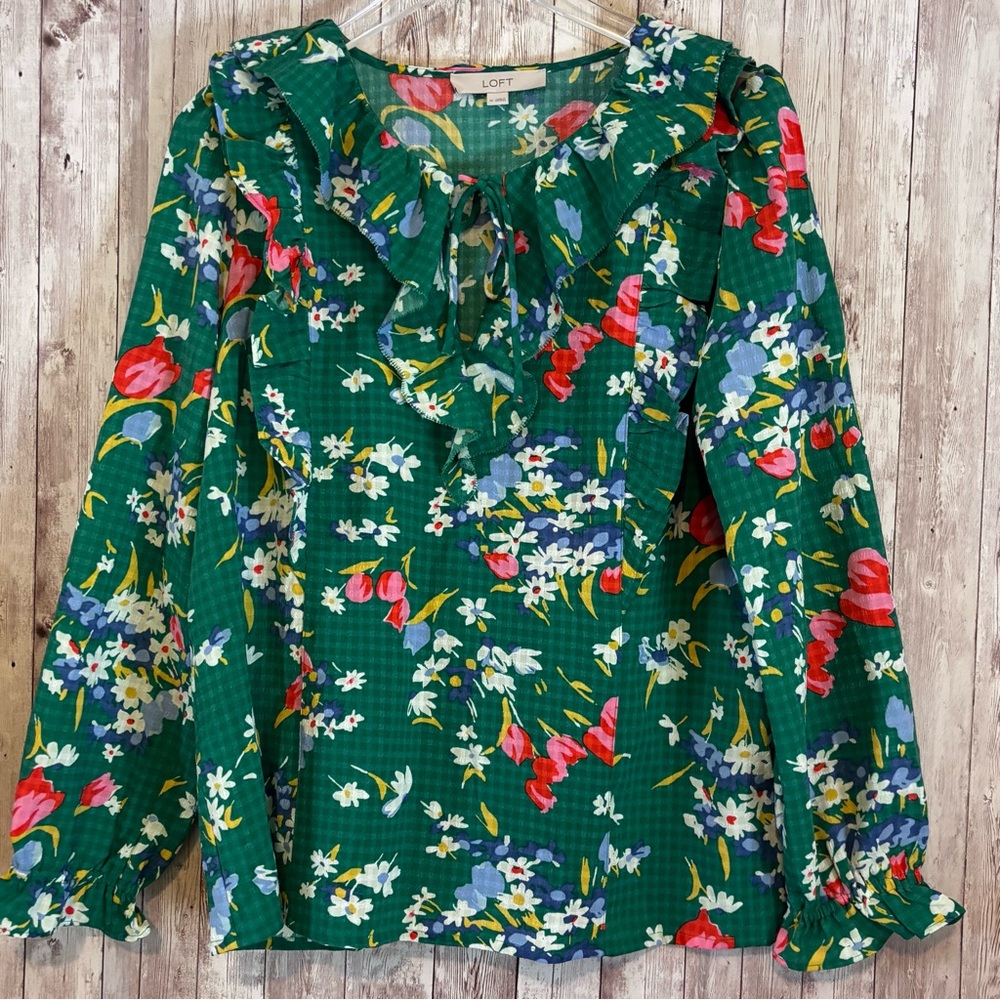 LOFT Bouquet Ruffle Tie-Neck Blouse